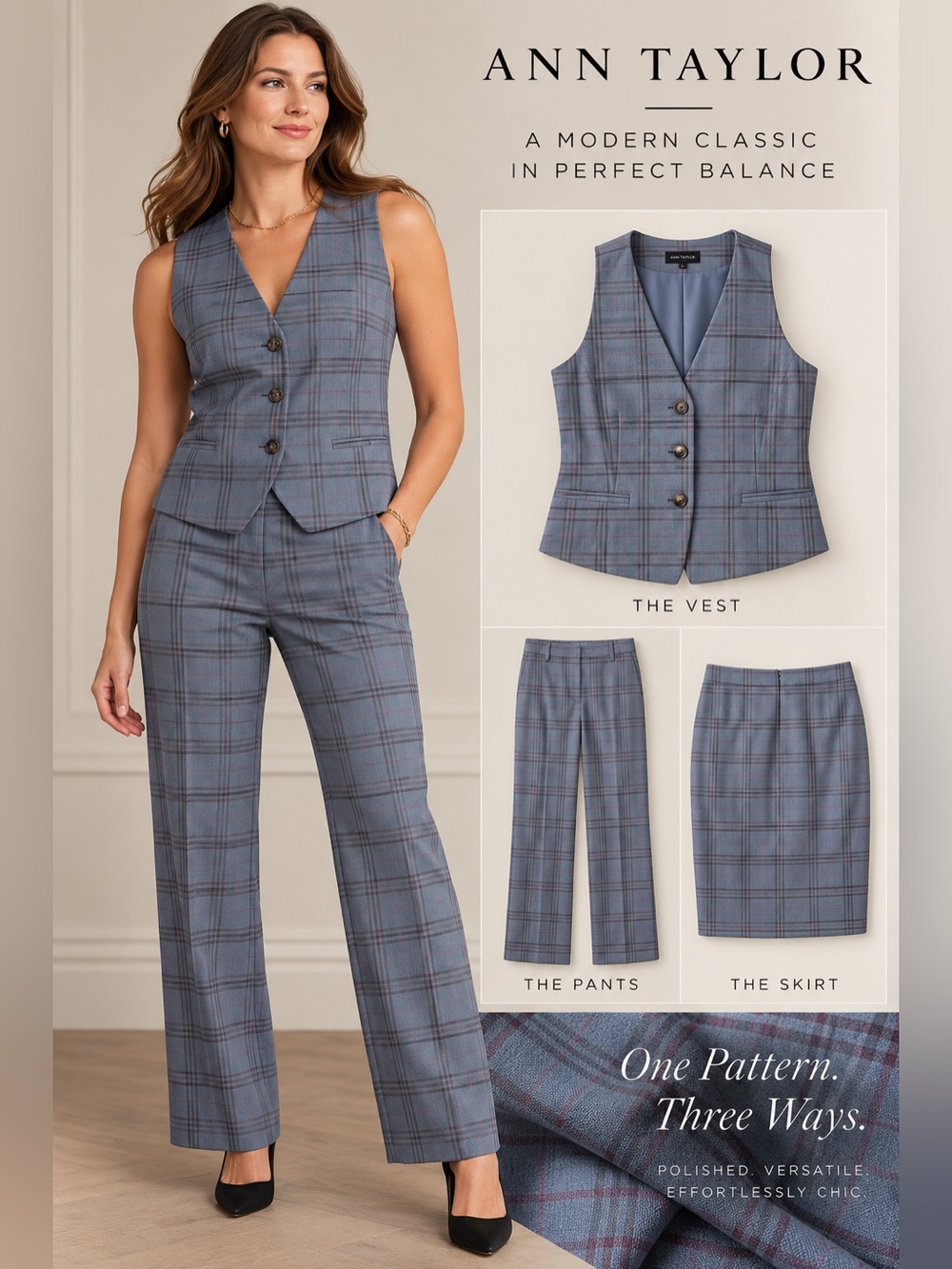 3391 Ann Taylor Blue Plaid Ponte Tailored Vest & Pants Set